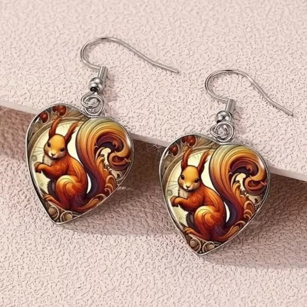 Silver Heart Shaped SQUIRREL Dangle Earrings